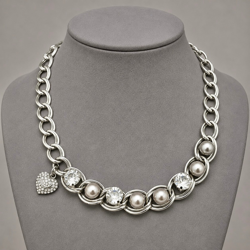Juicy Couture Necklace Gray Faux Pearl Crystal Silver Tone Heart Charm 17-20"